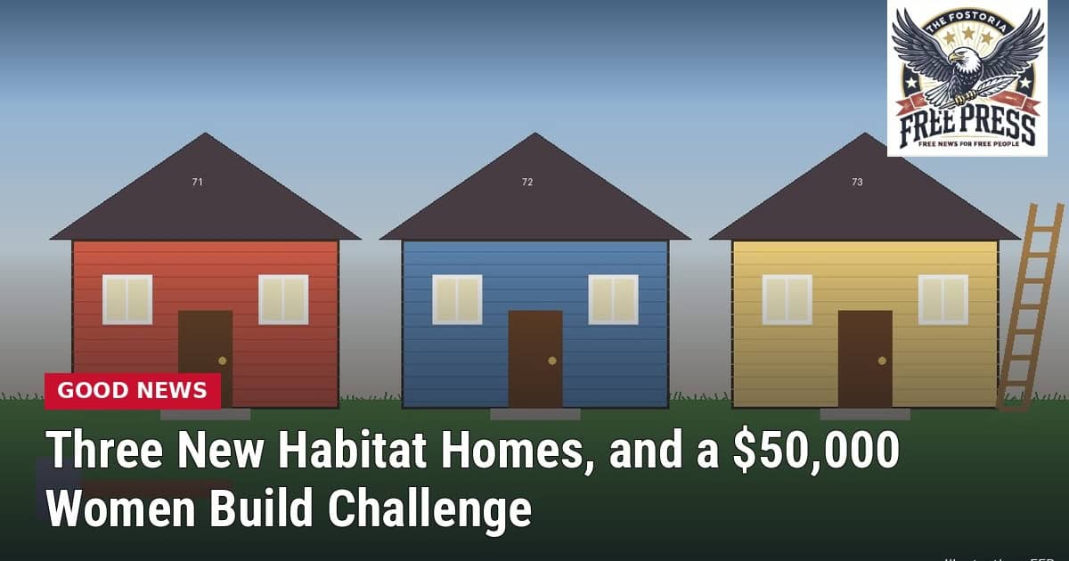 Illustration of three new single-family homes numbered 71, 72 and 73 on a grassy lot with a ladder and hammer, with headline: Three New Habitat Homes, and a $50,000 Women Build Challenge